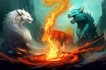 digital illustration painting design style 3 legendary creature, dragon, white tiger, phoenix, gener