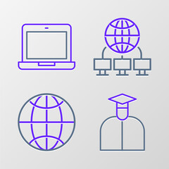 Sticker - Set line Student, Social network, Computer and Laptop icon. Vector