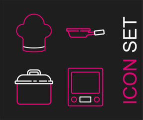 Sticker - Set line Electronic scales, Cooking pot, Frying pan and Chef hat icon. Vector