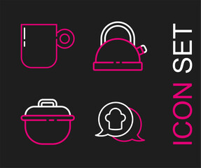 Poster - Set line Chef hat in speech bubble, Cooking pot, Kettle with handle and Coffee cup icon. Vector