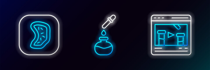 Wall Mural - Set line Chemical online, Bacteria and Test tube and flask icon. Glowing neon. Vector