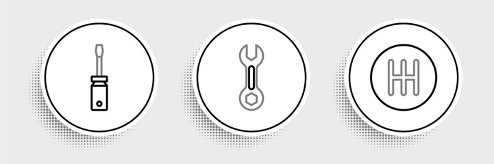 Poster - Set line Gear shifter, Screwdriver and Wrench spanner icon. Vector