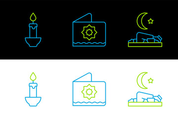 Sticker - Set line Muslim man prays, Burning candle and Octagonal star icon. Vector