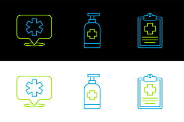 Sticker - Set line Patient record, Location hospital and Antibacterial soap icon. Vector