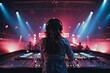 Vibrant exposure of DJ Concert, Backshot of soundboard player with neon lights