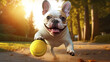 an adorable french bulldog is running with a yellow ball