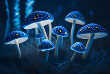 Mini Blue Medium Mushrooms In The Style Of Dark White And Light Gold, Flickering Light Effects.