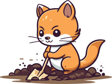 Cute Little Fox With A Shovel Vector Illustration On White Background