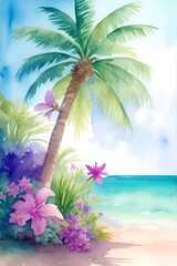 Wall Mural - Watercolor painting of Palms on the beach. AI generated illustration