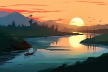 Digital Illustration Painting Design Style Beautiful Rural Landscape In Morning Of River At Sunrise, Generative AI