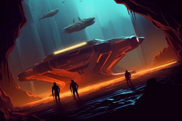 Digital illustration painting design style a spaceship is in alien's cave, against astronauts working in it, Generative AI