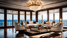 A Luxurious Cruise Ship Living Room Features White Furniture Arranged Around A Dining Table Under A Chandelier, Bathed In Sunlight From Large Windows