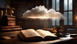 A mysterious cloud hovers above an open book on a desk surrounded by objects in a dimly lit room, creating an intriguing atmospheric scene.