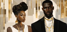 African American Men And Women Illustration, Gray And Gold, Modern Jewelry, Contemporary Middle Eastern And North African Art