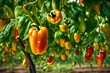 slective view, Yellow and red bell pepper hanging on tree in farm, 8k. 