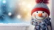 Winter holiday christmas greeting card background concept - close up of cute funny laughing snowman with scarf and silk hat outside the window