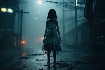 ghost of a little girl in dress on a foggy night street