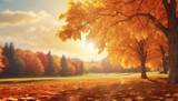 Fototapeta Przestrzenne - Tranquil autumn morning in a panoramic forest with orange leaves
