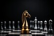 chess game with golden horse over black pieces, ominous vibe, light gray and dark bronze, solid and structured