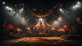 Fototapeta  - Vintage Circus Tent Interior with Festive Bunting and Theatrical Stage Lighting. Generative AI