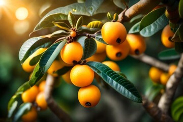 Wall Mural - Close up view, fresh loquat on tree in garden, sun light also present. 