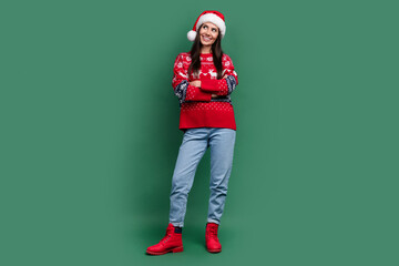 Canvas Print - Full length photo of excited dreamy lady santa helper dressed print xmas sweater arms folded empty space isolated green color background