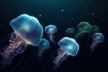 Wall Mural - Group of rare colored jellyfish close-up, dark background. AI generated.