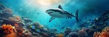 Fototapeta Fototapety do akwarium - a shark swimming in coral reef hyperrealistic animal illustrations wallpaper