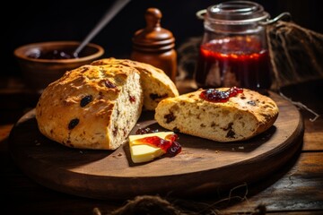 Freshly baked traditional Scottish bannock bread served on a rustic wooden board, accompanied by a hot cup of tea and sweet homemade strawberry jam