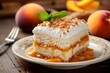 A delectable slice of Chaja, a traditional Uruguayan dessert, beautifully presented on a white plate, garnished with fresh peaches and whipped cream