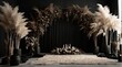 Backdrop of black boho minimalist room with arch and flowing black curtains, white wedding flowers, oversize black pampas grass, oversize black ginko flowers, wedding backdrop, maternity backdrop