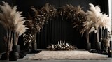 Fototapeta  - Backdrop of black boho minimalist room with arch and flowing black curtains, white wedding flowers, oversize black pampas grass, oversize black ginko flowers, wedding backdrop, maternity backdrop