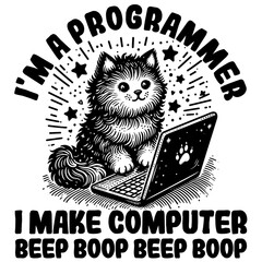 Adorable Cat with Laptop Programmer Illustration - Furry Coder at Work. Print for T-shirt, Hoodie, Sweatshirt.