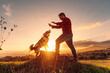 Young man standing in the field playing and training with his border collie breed dog at sunset. life with pets
