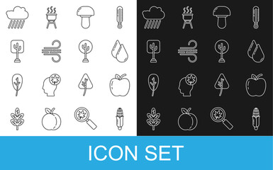 Wall Mural - Set line Corn, Apple, Water drop, Mushroom, Wind, Tree, Cloud with rain and icon. Vector