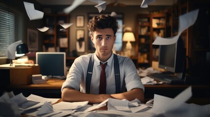 Poster - Young man entrepreneur staring at a messy office desk with stacks of papers and old technology.