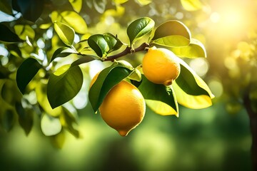 Wall Mural - Close up view, fresh lemon on tree in garden, sun light also present. 