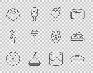 Wall Mural - Set line Cookie or biscuit, Homemade pie, Ice cream in bowl, Cherry cheesecake, Brownie chocolate, Lollipop, Cake and icon. Vector