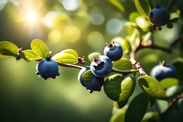 Wall Mural - Close up view, fresh blueberry on tree in garden, sun light also present. 