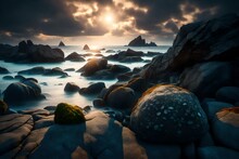 Large Boulders And Seaweed On The Rocky Coast Of The Sea With Sun And Moon At Twilight.8k, Hd. 