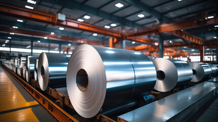 Poster - Rolls of galvanized steel sheet inside warehouse or factory building.