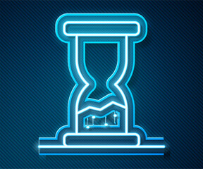 Wall Mural - Glowing neon line Old hourglass with flowing sand icon isolated on blue background. Sand clock sign. Business and time management concept. Vector