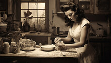 Vintage Portrait Of A Housewife In The Kitchen Baking A Cake Or Cookies. Young Beauty Woman Cooks In The Kitchen Retro Style Old Design