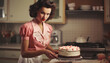 Vintage portrait of a housewife in the kitchen baking a cake or cookies. Young beauty woman cooks in the kitchen retro style old design