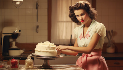 Wall Mural - Vintage portrait of a housewife in the kitchen baking a cake or cookies. Young beauty woman cooks in the kitchen retro style old design