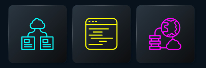Set line Cloud technology data transfer, Network cloud connection and Software. Black square button. Vector