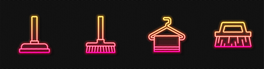 Wall Mural - Set line Towel on hanger, Rubber plunger, Handle broom and Brush for cleaning. Glowing neon icon. Vector