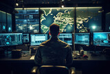 Fototapeta  - A Military Surveillance Officer is working in a central office hub to manage national security and army communications through a tracking operation focused on cyber control and monitoring