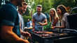 A group of friends enjoying a fun barbecue party together. Summer Bbq party with happy friends and delicious grilled food.