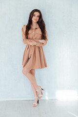 Poster - Portrait of a beautiful fashionable slender woman in a beige dress